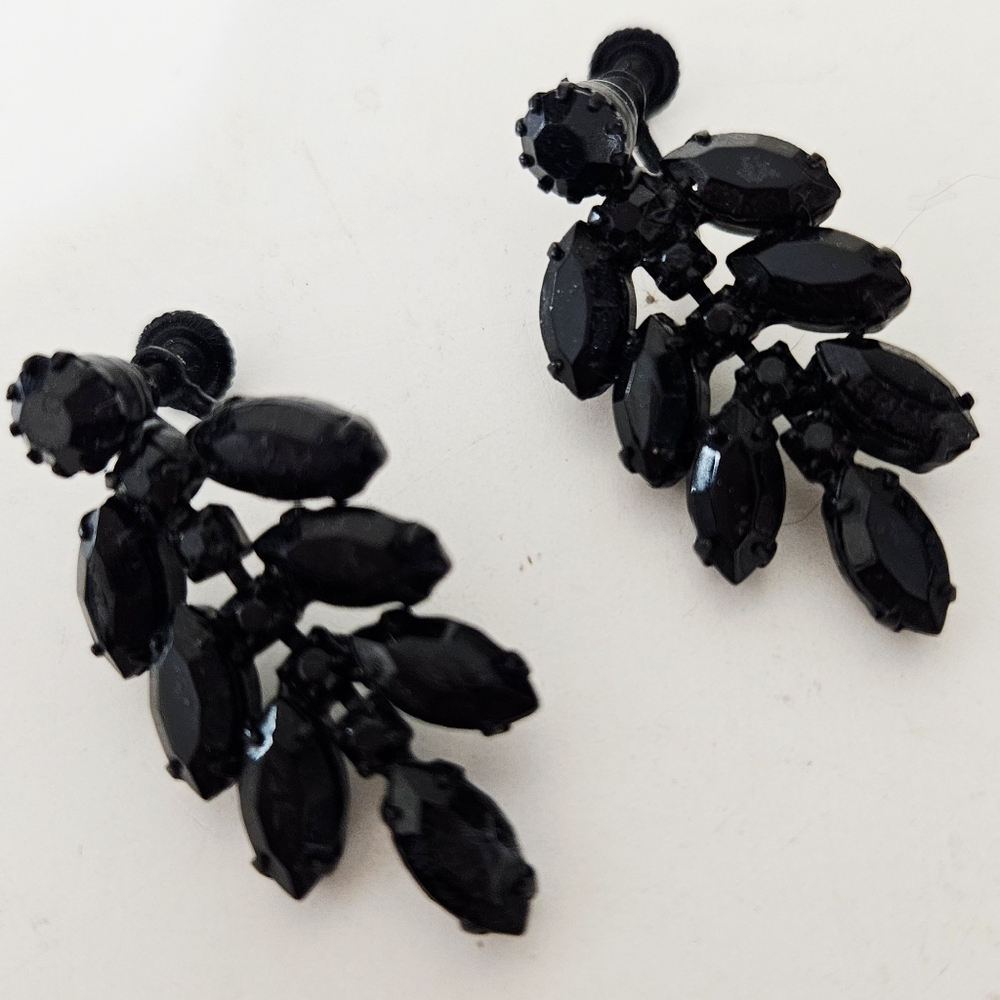 Vintage Black Rhinestone Leaf Earrings